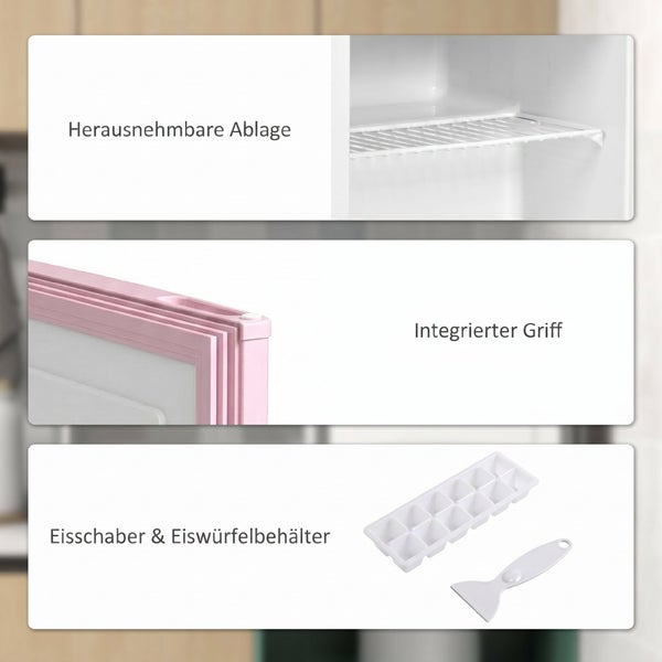 Minikühlschrank mit herausnehmbarer Ablage, integriertem Griff, Eisschaber und Eiswürfelbehälter.