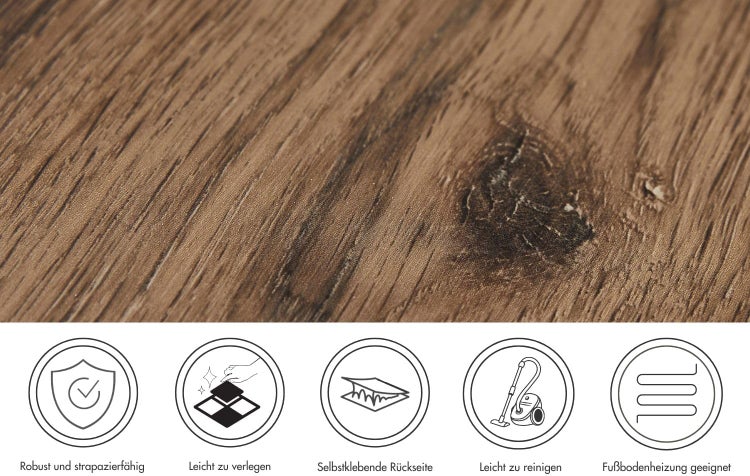 Vinylboden in Holzoptik: robust, strapazierfähig, einfach zu verlegen, selbstklebend, leicht zu reinigen und für Fußbodenheizung geeignet.
