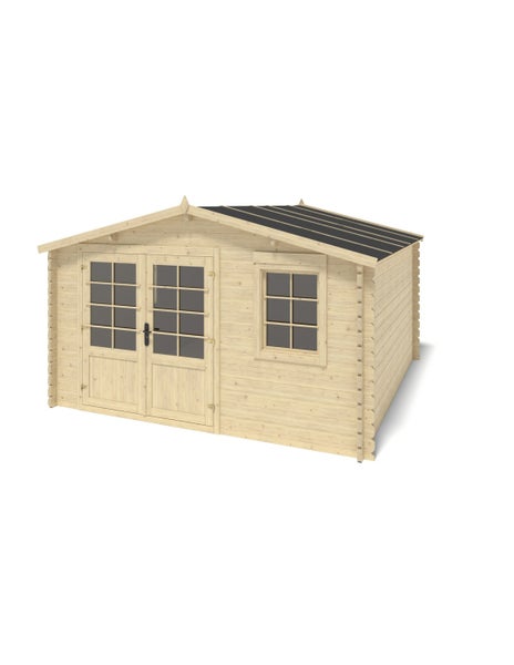 Gartenhaus aus Holz mit Doppeltür und Fenster, Satteldach, Blockbohlenbauweise, unbehandeltes Holz.