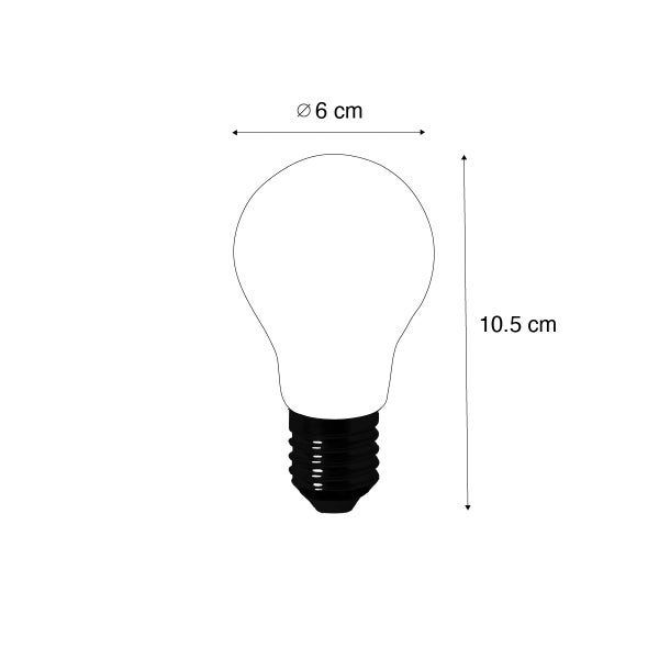 Maßzeichnung einer Glühbirne mit einem Durchmesser von 6 Zentimetern und einer Höhe von 10,5 Zentimetern.