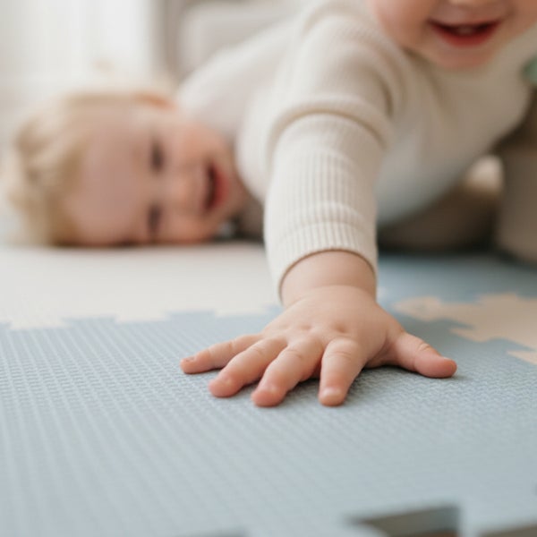 Babyhand auf einer strukturierten Schaumstoff-Puzzlematte für das Kinderzimmer.