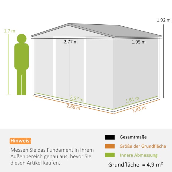 Outsunny Gerätehaus 4,9 m², Gartenhaus mit Pultdach, Schiebetür, Fundament, 277 x 195 x 192 cm, Geräteschuppen aus Verzinkter Stahl, wetterfest, für Garten, Braun