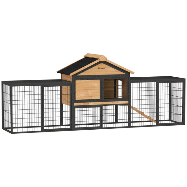 PawHut Hasenstall 2 Ebenen mit Satteldach Kaninchenstall aus Vollholz Winterfest Doppelstockhaus mit Freilaufgehege 217x53x86 cm Kaninchenkäfig Outdoor Kleintierstall für Hasen Kaninchen Gelb