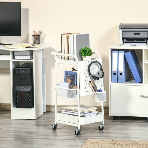 HOMCOM Rollwagen 3-Etagen Küchenwagen mit Schubladen und Korb für Küche Büro  Aufbewahrungswagen Servierwagen Küchenregal mit Rollen Schlafzimmer Wohnzimmer Stahl Weiß  51,5 x 32 x 75,6 cm