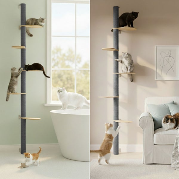 Wandkratzbaum als deckenhohe Kletterhilfe mit runden Plattformen und Sisalstamm für Katzen in verschiedenen Wohnumgebungen.