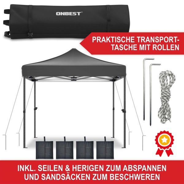 Schwarzer Faltpavillon inklusive Transporttasche auf Rollen, Sandsäcken, Seilen und Heringen.
