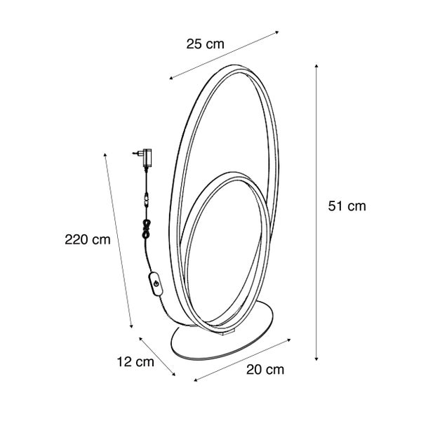 Maße der LED-Tischleuchte: Höhe 51 Zentimeter, Breite 25 Zentimeter, Sockel 20 mal 12 Zentimeter, Kabellänge 220 Zentimeter.