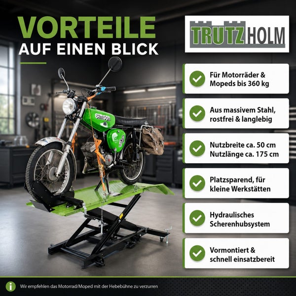 Hydraulische Motorrad-Hebebühne von Trutzholm für Motorräder bis 360 Kilogramm, aus massivem Stahl, platzsparendes Scherenhubsystem für Werkstätten.