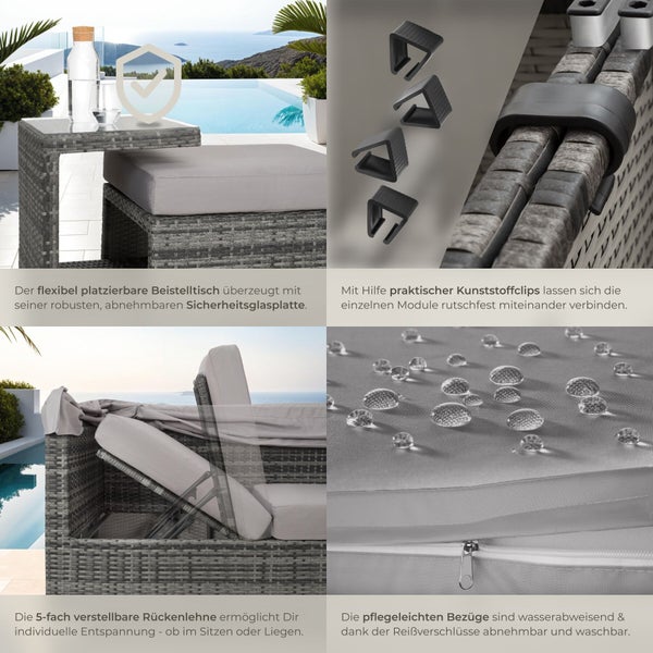 Gartenmöbel Details: Beistelltisch mit Sicherheitsglas, Verbindungsklammern, fünffach verstellbare Rückenlehne und wasserabweisender Bezug.