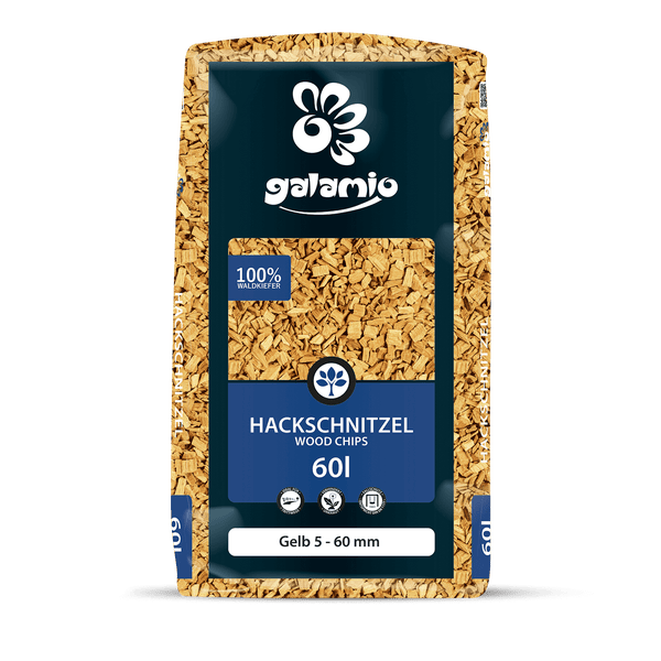 Galamio Hackschnitzel aus 100 Prozent Waldkiefer, gelbe Holzchips mit einer Körnung von 5 bis 60 Millimeter, 60 Liter Sack.