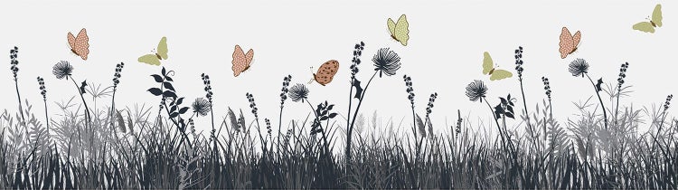 Stilisierte Wiese mit Gräsern, Wildblumen und fliegenden Schmetterlingen.