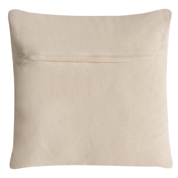Quadratisches Dekokissen aus gewebtem Textil mit Hotelverschluss in Beige.