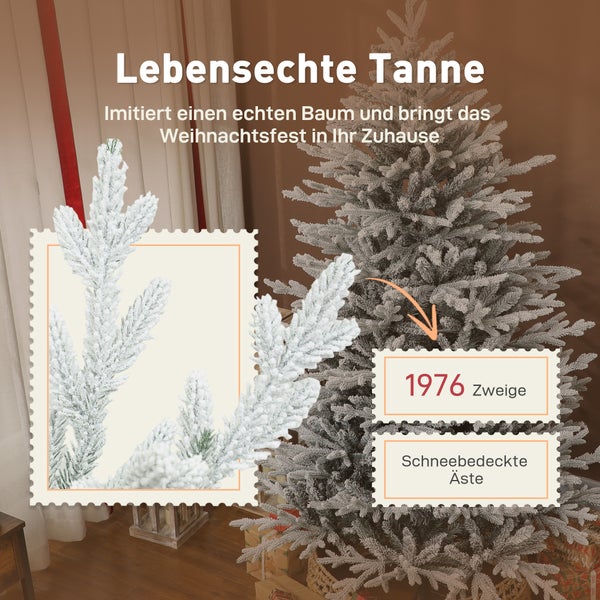 Künstlicher Tannenbaum mit schneebedeckten Ästen und 1976 Zweigen in einem Wohnraum. Detailaufnahme eines beschneiten Zweigs.
