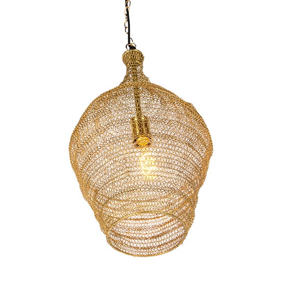 Goldene Hängeleuchte mit Drahtgeflecht