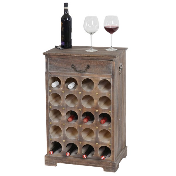 Weinregal aus Holz mit Flaschen, Gläsern und Schublade