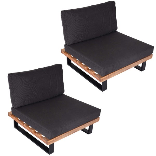 Set aus zwei modernen Lounge-Sessel-Elementen mit Metallgestell, Holzlatten-Plattform und anthrazitfarbenen Sitz- und Rückenkissen.