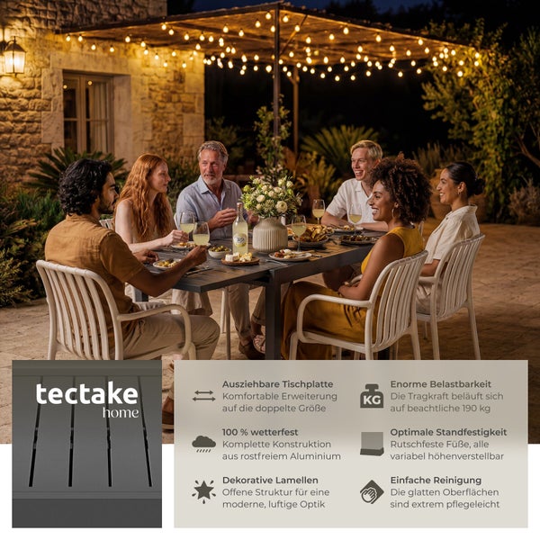 Personen beim Essen an einem ausziehbaren Aluminium-Gartentisch von tectake home. Belastbar bis 190 Kilogramm und wetterfest. tectake home Logo.