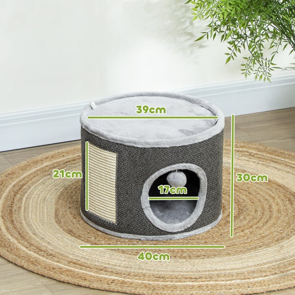 PawHut Kratztonne, 30 cm Hoch Katzentonne mit Höhle, Kratzbaum, Katzenturm aus Sisal, für Katze bis 5 kg, Cremeweiß
