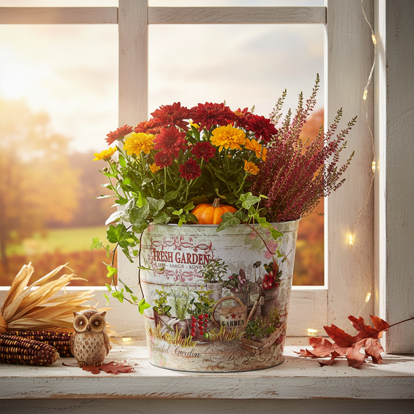 Herbstliche Bepflanzung im bedruckten Metalleimer Fresh Garden mit Chrysanthemen, Heidekraut und Efeu auf einer hellen Fensterbank.