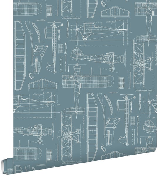 ESTAhome Tapete Kontruktionszeichnungen von Flugzeugen Vintage Dunkelblau - 53 cm x 10.05 m - 128809