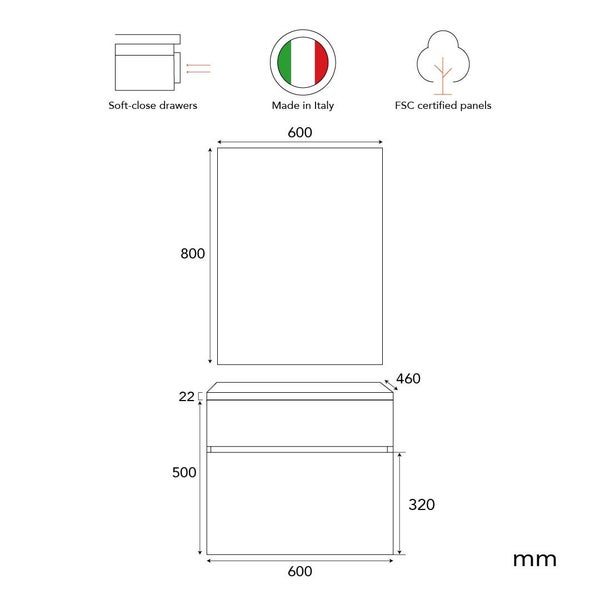 Maßzeichnung eines Waschplatzes mit Soft Close Schubladen, Hergestellt in Italien und FSC zertifizierten Holzwerkstoffen in Millimeter.