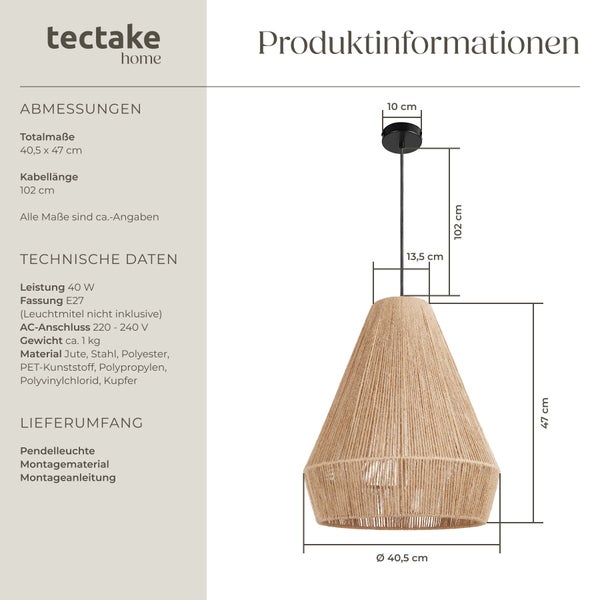 Technische Zeichnung einer Pendelleuchte aus Jute mit Maßangaben und Produktdatenblatt der Marke Tectake Home.