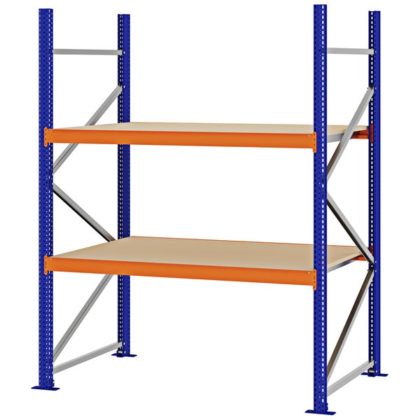 Schwerlastregal aus Metall mit zwei Holzböden, blauen Stehern und orangefarbenen Traversen.