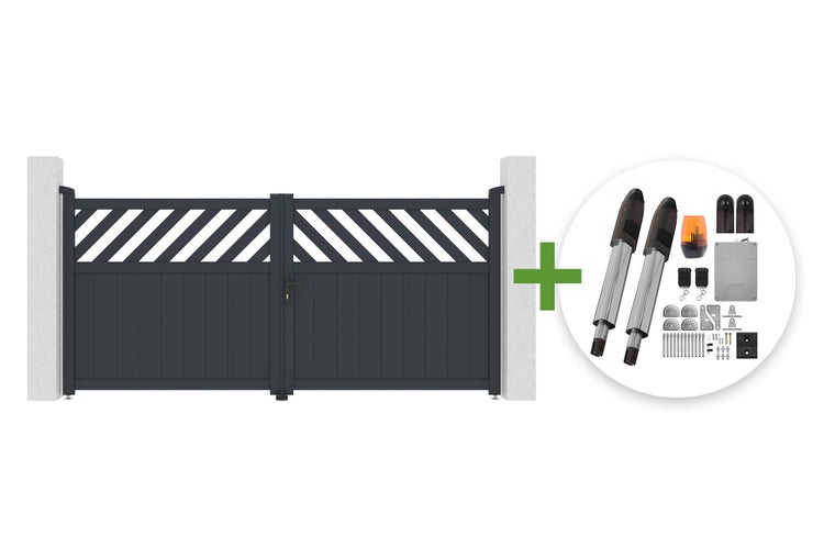 Zweiflügeliges Einfahrtstor aus Metall inklusive elektrischem Torantrieb Set mit Fernbedienungen und Warnleuchte.
