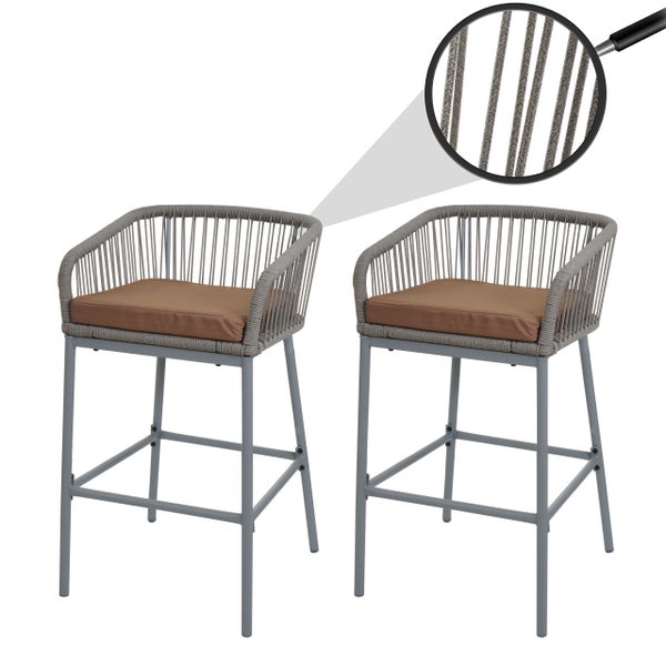 Zwei Barstühle mit Armlehne, Metallrahmen und Seilgeflecht