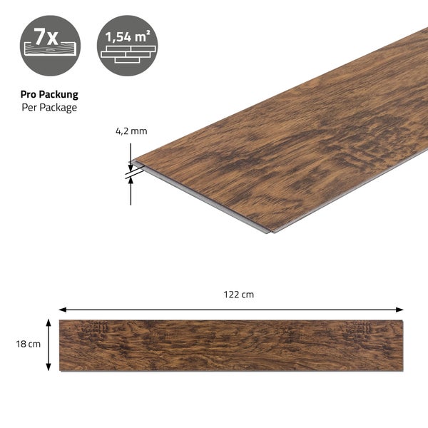 ML-Design Deluxe PVC Bodenbelag, Click Vinyl-Dielen, Vinylboden, 122 cm x 18 cm x 4,2 mm, Dicke 4,2 mm, 3,08m²/14 Dielen, Classic Akazie, Braun, Holzoptik, rutschfest, wasserfest, Belastungsklasse 34