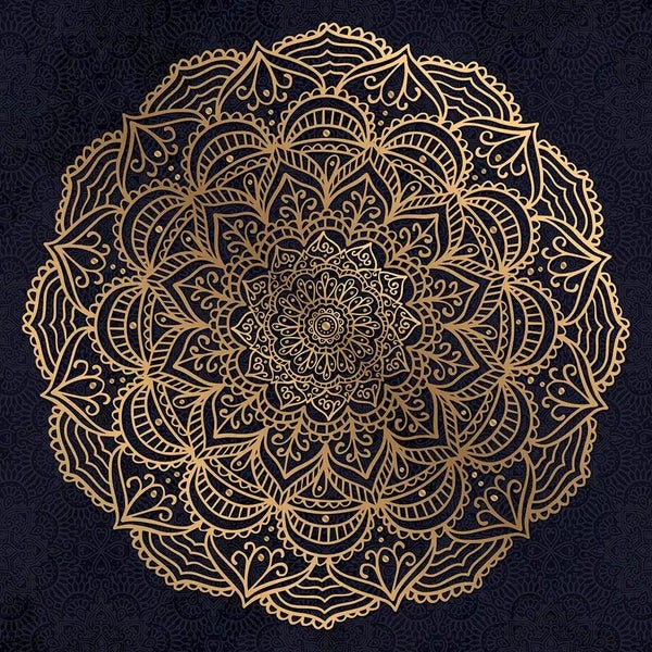 Mandala mit filigranen Goldornamenten und orientalischem Blumenmuster für die Wandgestaltung.
