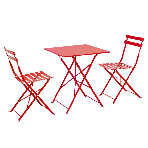 Dreiteiliges rotes Balkonmöbel Set aus Metall mit einem quadratischen Klapptisch und zwei Klappstühlen.
