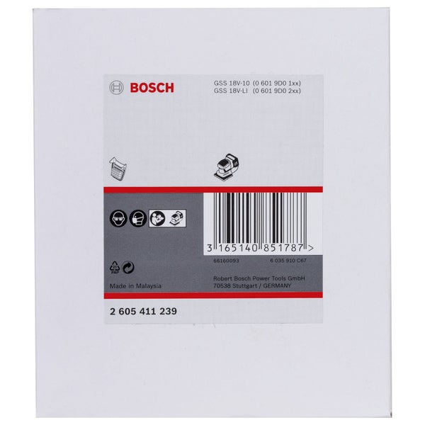 Produktetikett für Bosch Schwingschleifer-Staubbox GSS 18 Volt-10 und GSS 18 Volt-LI mit Artikelnummer 2 605 411 239, Sicherheitssymbolen und Bosch Logo.