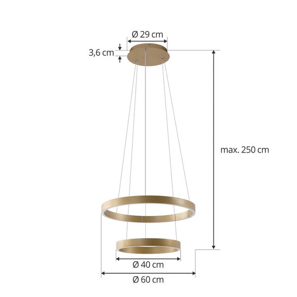 Goldfarbene Pendelleuchte mit zwei Ringen. Durchmesser: Deckenhalterung 29, Ringe 60 und 40 Zentimeter. Maximale Höhe 250 Zentimeter.