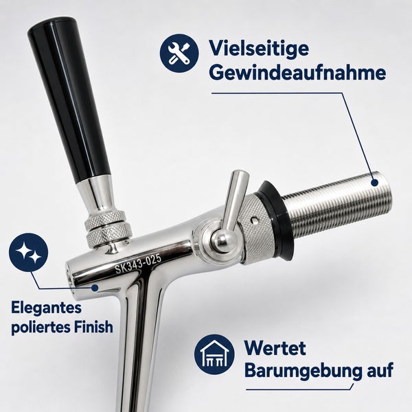 Bierhahn mit poliertem Finish und Gewindeanschluss für die Zapfanlage zur Aufwertung der Barumgebung.