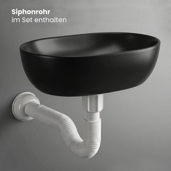 Schwarzes Aufsatzwaschbecken in ovaler Form inklusive flexiblem Siphonrohr für den Wandanschluss.