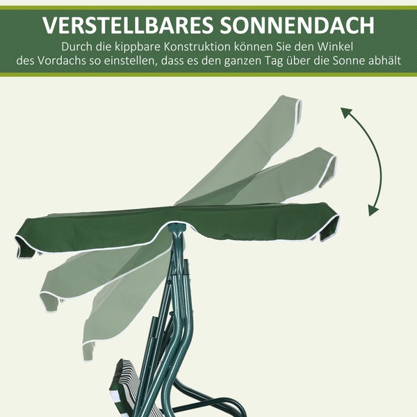 Outsunny Hollywoodschaukel, 3-Sitzer Gartenschaukel, Verstellbares Sonnendach, 170 x 110 x 153 cm, Stahlrahmen, Grün