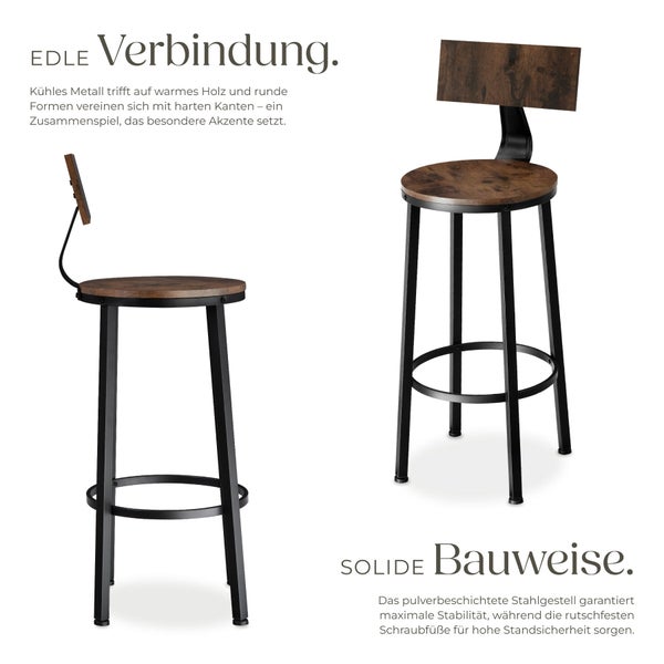 Barhocker im Industriedesign mit runder Sitzfläche und Rückenlehne aus dunklem Holz sowie einem schwarzen Gestell aus Metall.