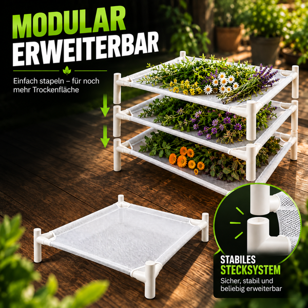 Modulares Kräutertrockengestell mit drei stapelbaren Ebenen und stabilem Stecksystem für den Außenbereich.