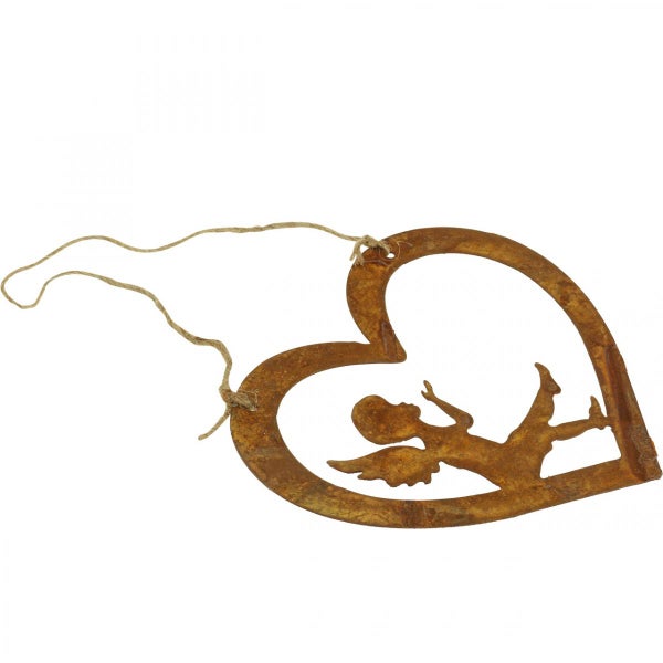 Herzförmige Rostdekoration mit Engel und Aufhängeschnur