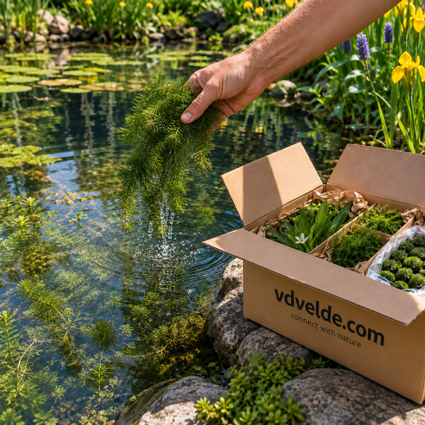 Eine Hand hält Teichpflanzen über einem Gartenteich neben einem Karton mit verschiedenen Wasserpflanzen von Vdvelde.