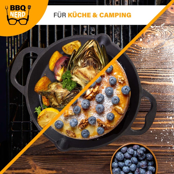 BBQ Nerd Gusseisenpfanne zum Grillen, Rösten, Anbraten | Grillpfanne Ø 20 cm 1650g mit Ausgießer und Henkel | Antihaft-Pfanne Feuerpfanne - hitzebeständig & wärmespeichernd