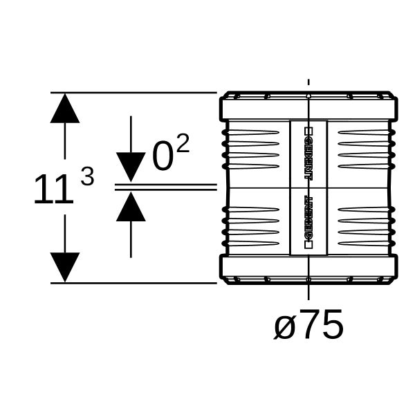 Maßzeichnung einer Geberit Muffe mit einem Durchmesser von 75 Millimetern und einer Gesamthöhe von 11,3 Zentimetern.