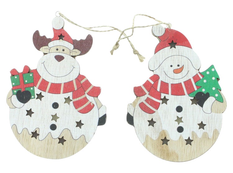 FRANK FLECHTWAREN | LED-Hänger Schneemann & Elch, 2er Set, 10 x 2 x 14 cm, HOLZ, JUTE