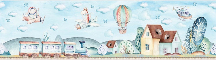 Tapetenbordüre für das Kinderzimmer mit Aquarellmotiven von Zügen, Flugzeugen, einem Heißluftballon und Häusern in einer Landschaft.