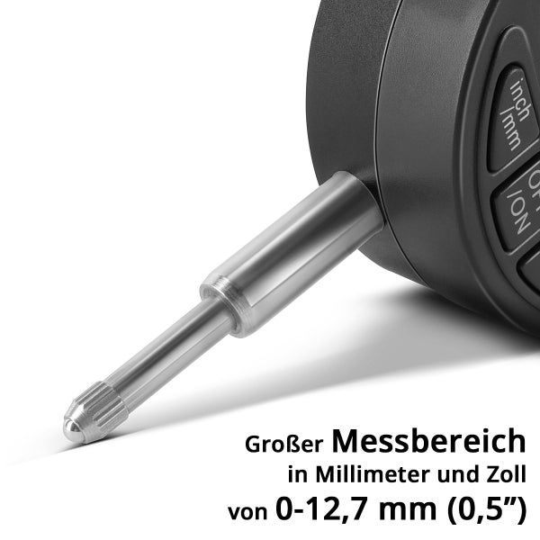 Digitales Messgerät mit Metall-Messbolzen, Messbereich von 0 bis 12,7 Millimeter oder 0,5 Zoll.