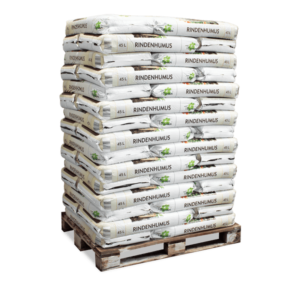 Palette mit gestapelten Säcken Rindenhumus, 45 Liter, Tonni Logo, auf einer Europalette.
