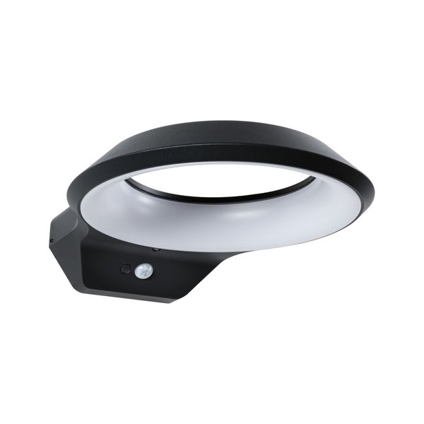 Moderne LED-Außenwandleuchte in Anthrazit mit ringförmigem Leuchtenkopf und integriertem Bewegungsmelder.