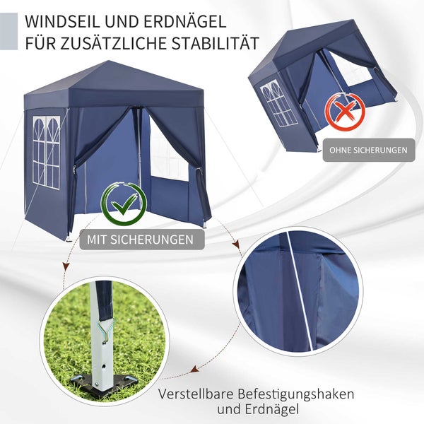 Outsunny Pavillon 2x2m Wasserdicht, Pop-up Faltpavillon mit 4 Seitenwänden, Abflusslöcher Fenster, faltbar Partyzelt UV 30+, Gartenzelt mit Tragetasche, Gartenpavillon für Terrasse, Blau