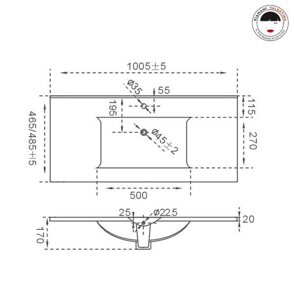 Technische Zeichnung eines Waschtischs mit Maßangaben
